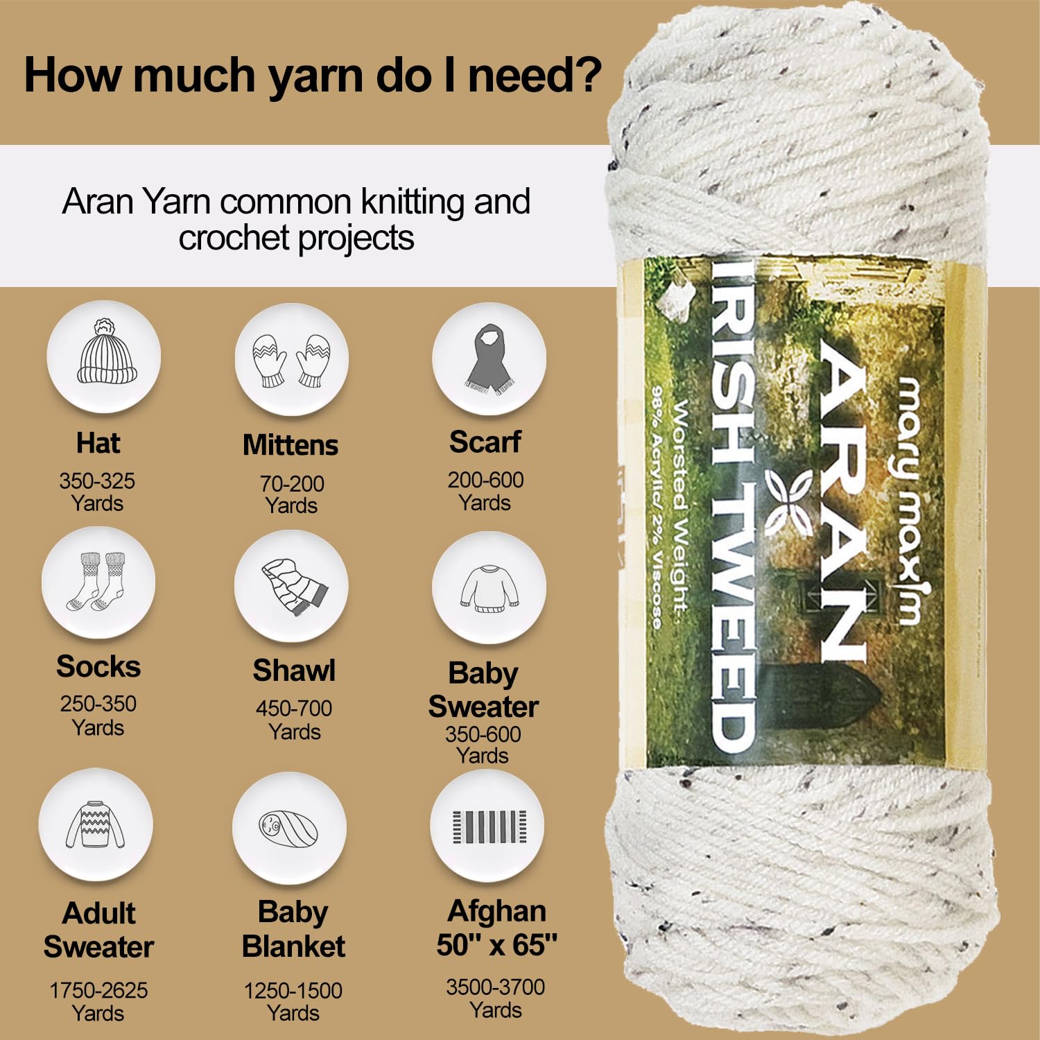 Mary Maxim Aran Irish Tweed Yarn 98% Acrylic 2% Viscose Yarn for Crocheting - Medium Worsted Weight Knitting Yarn for Sweaters, Afghans, Blankets, 205 Yards - Image 5