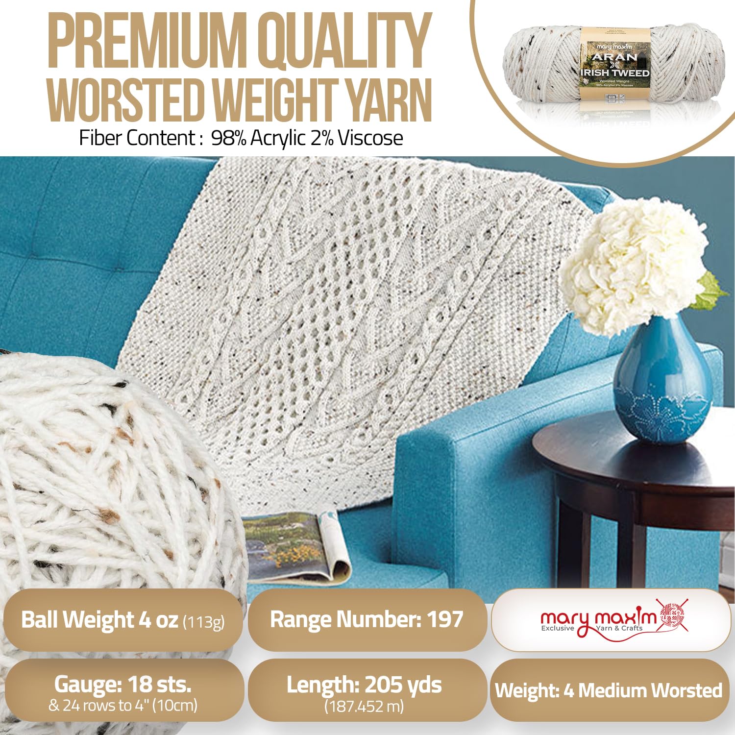 Mary Maxim Aran Irish Tweed Yarn 98% Acrylic 2% Viscose Yarn for Crocheting - Medium Worsted Weight Knitting Yarn for Sweaters, Afghans, Blankets, 205 Yards - Image 6