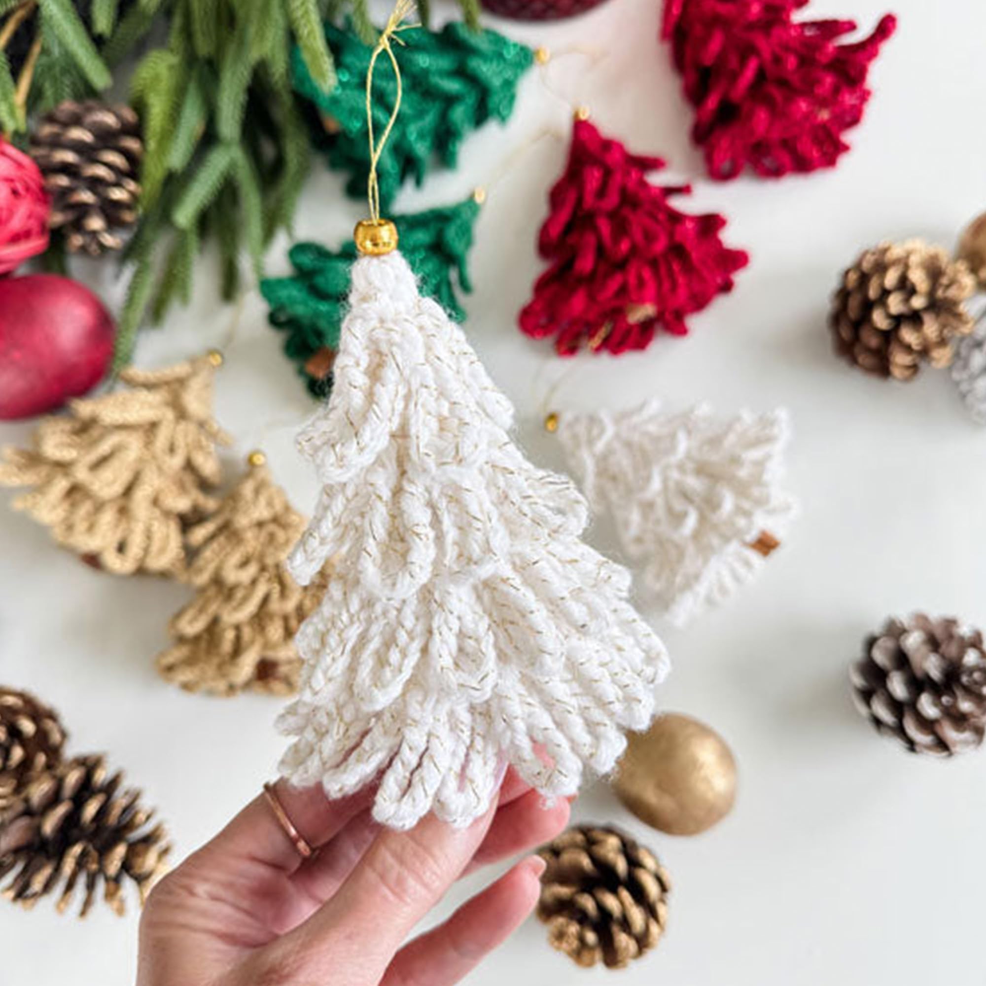 Mary Maxim Christmas Crochet Kit - Mini Loopy Trees Ornaments - Easy Crochet Christmas Tree Kit - Includes Sparkle Yarn and Pattern - Makes 24 Mini Trees - Image 6