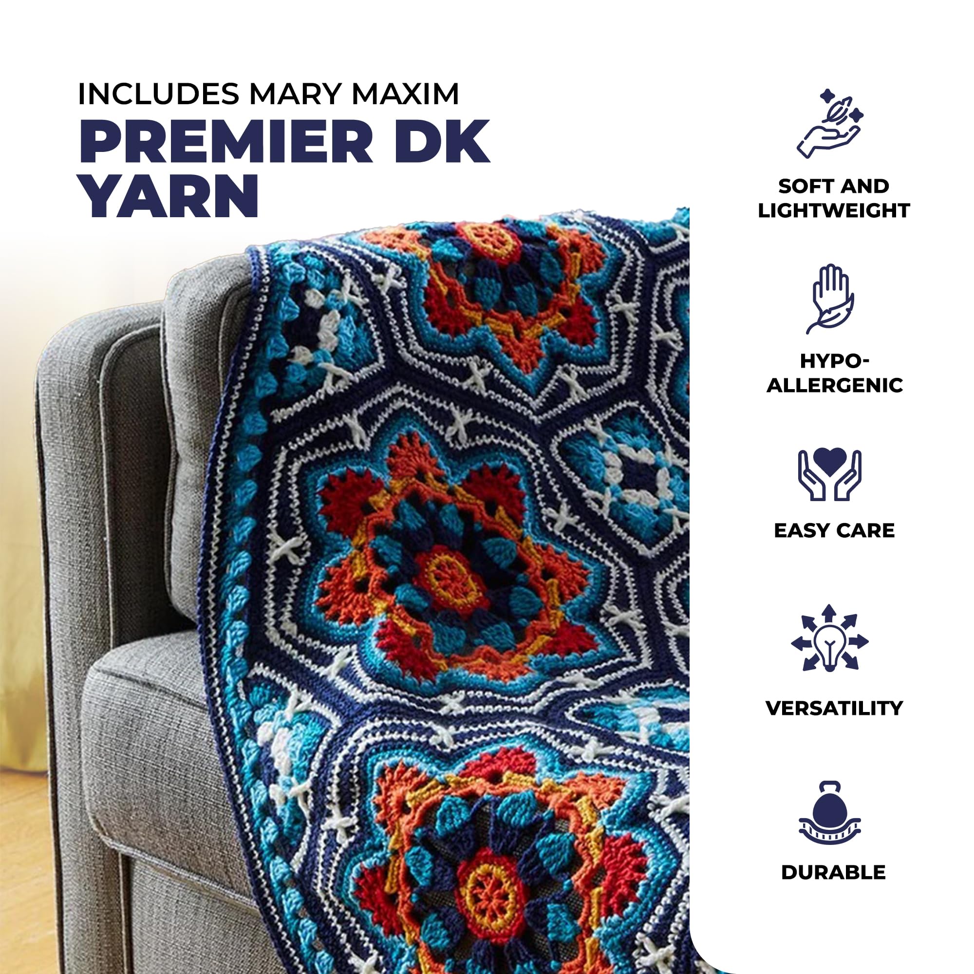 Mary Maxim Crochet Afghan Kits with Premier Everyday DK Yarn, Intermediate Crocheting Kit for Adults, Pattern, Instructions, and Yarn Included, Elegant Afghan Blanket, Persian Tiles - Image 3