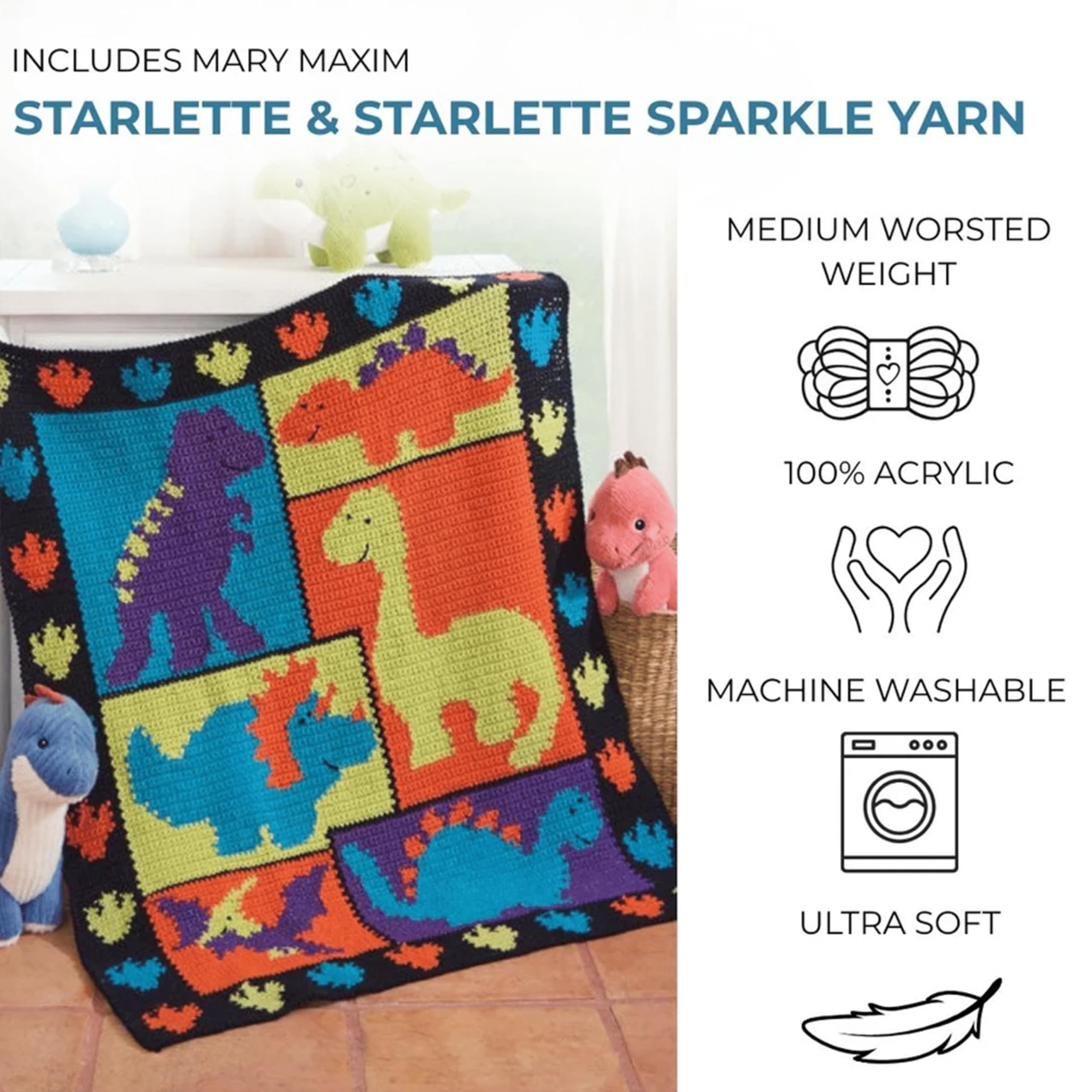 Mary Maxim Dino Friends Toddler Blanket Crochet Kit, Intermediate Crochet Blanket Kit Includes Starlette and Starlette Sparkle Yarn and Pattern, Finished Size 36 x 40 Inches - Image 3