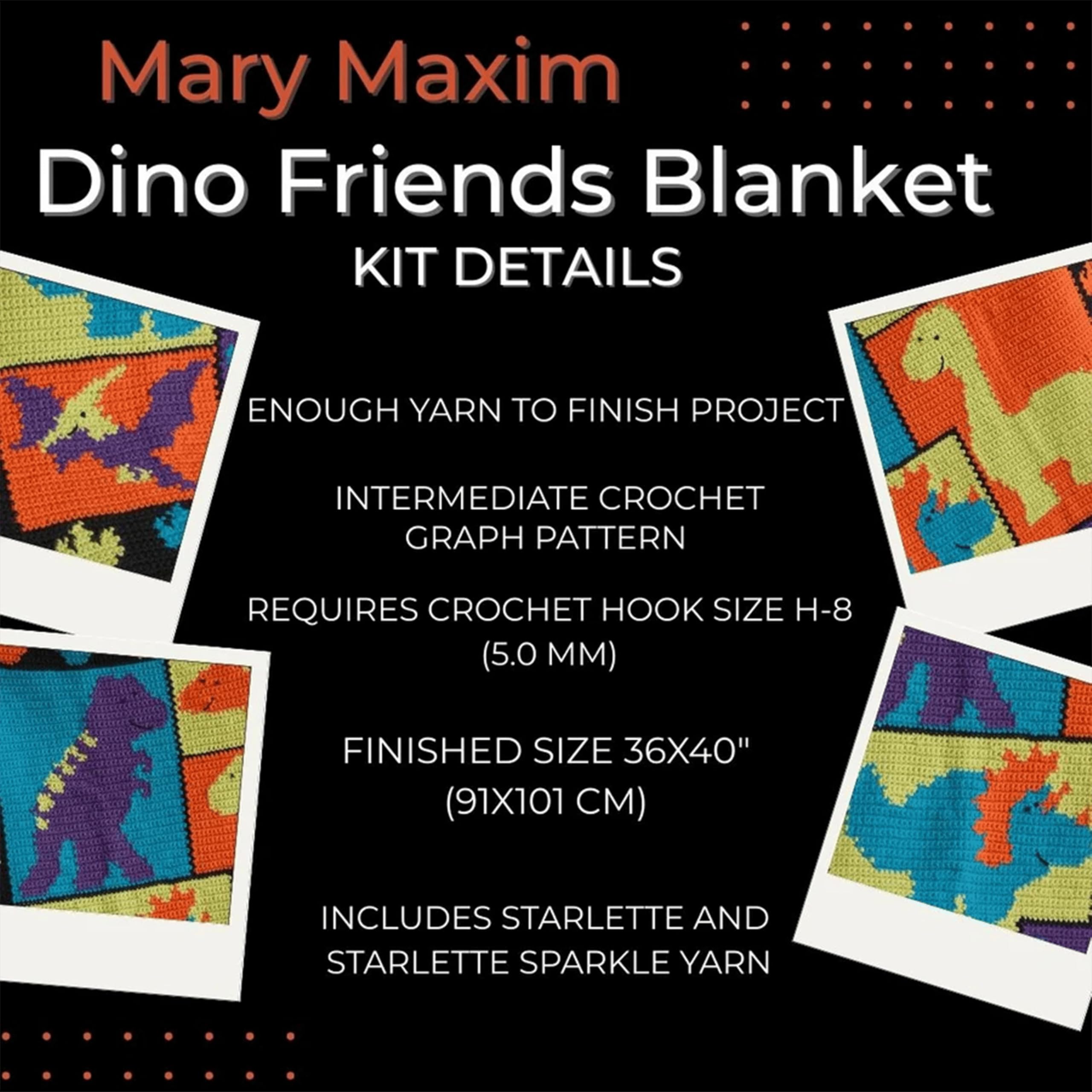 Mary Maxim Dino Friends Toddler Blanket Crochet Kit, Intermediate Crochet Blanket Kit Includes Starlette and Starlette Sparkle Yarn and Pattern, Finished Size 36 x 40 Inches - Image 4